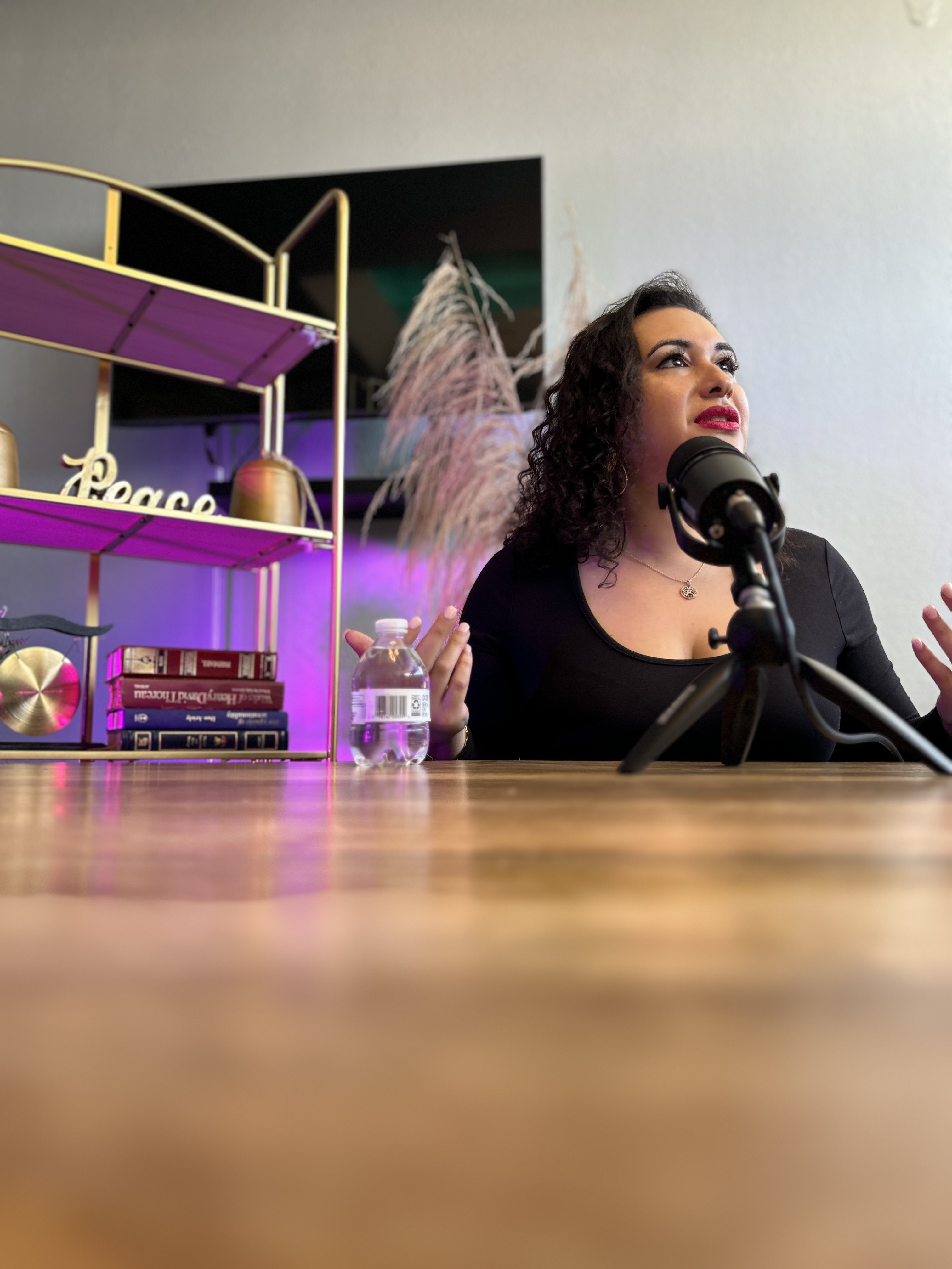 Angelica Robles mid-conversation recording her podcast