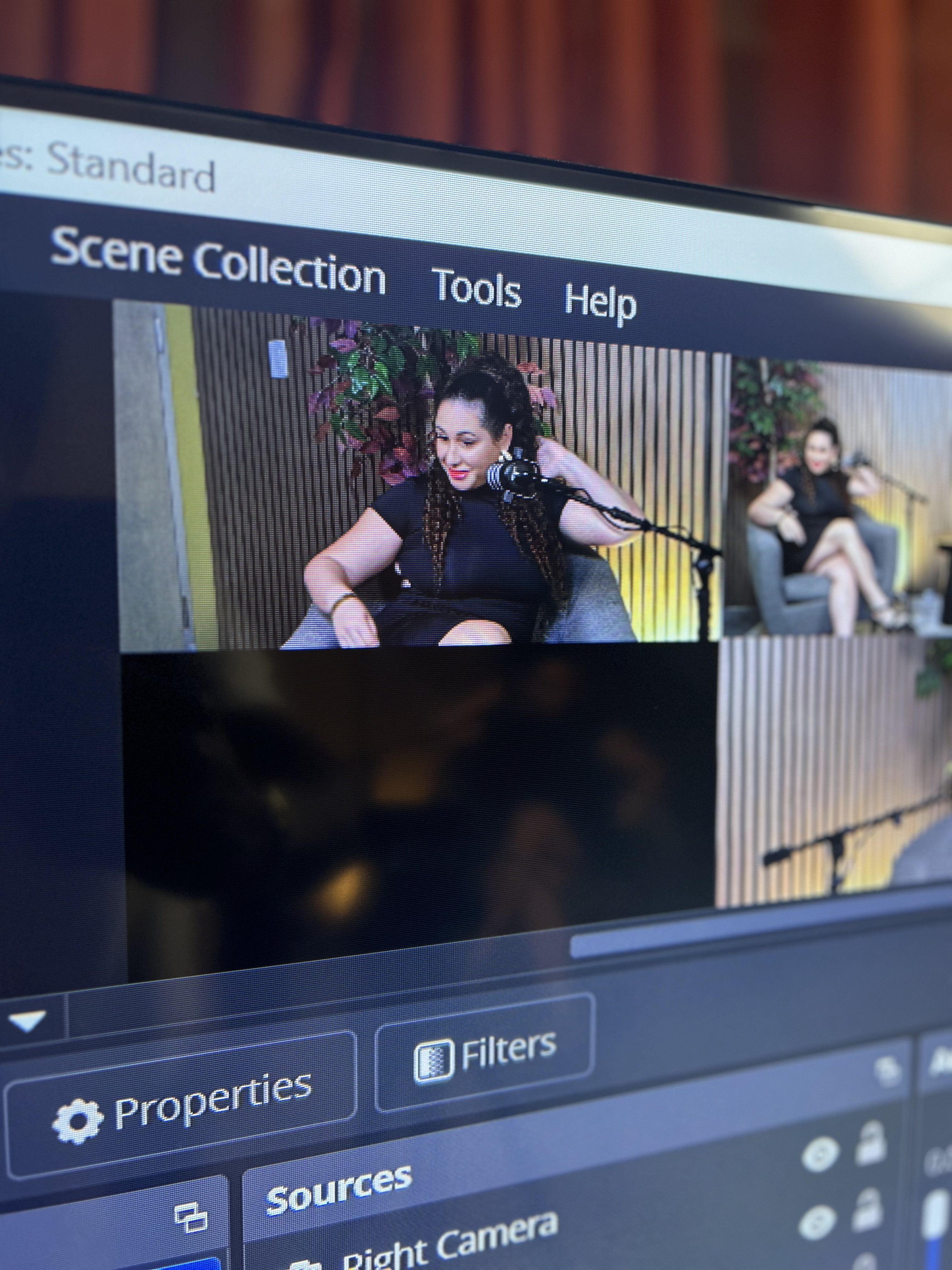 Angelica Robles on a podcast production monitor